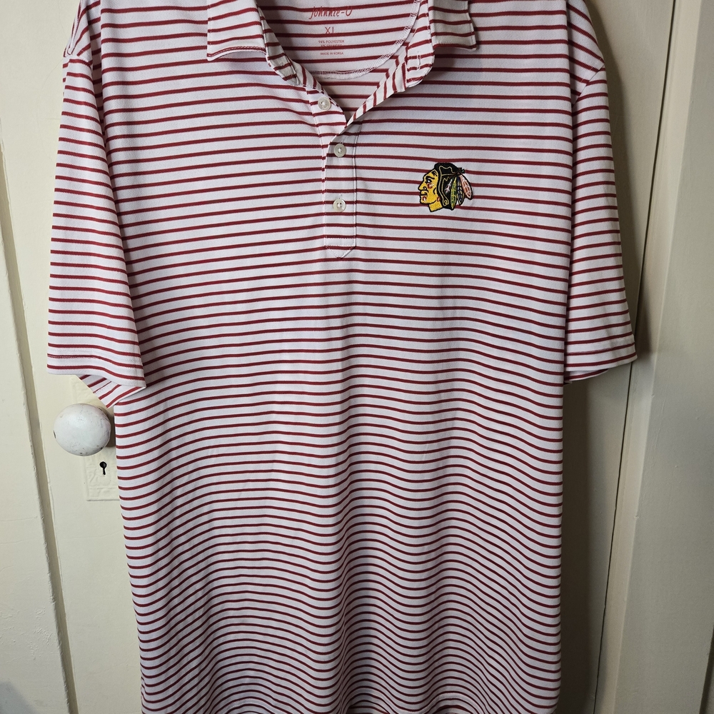 johnnie-O Red and White Striped  Blackhawks Polo Shirt